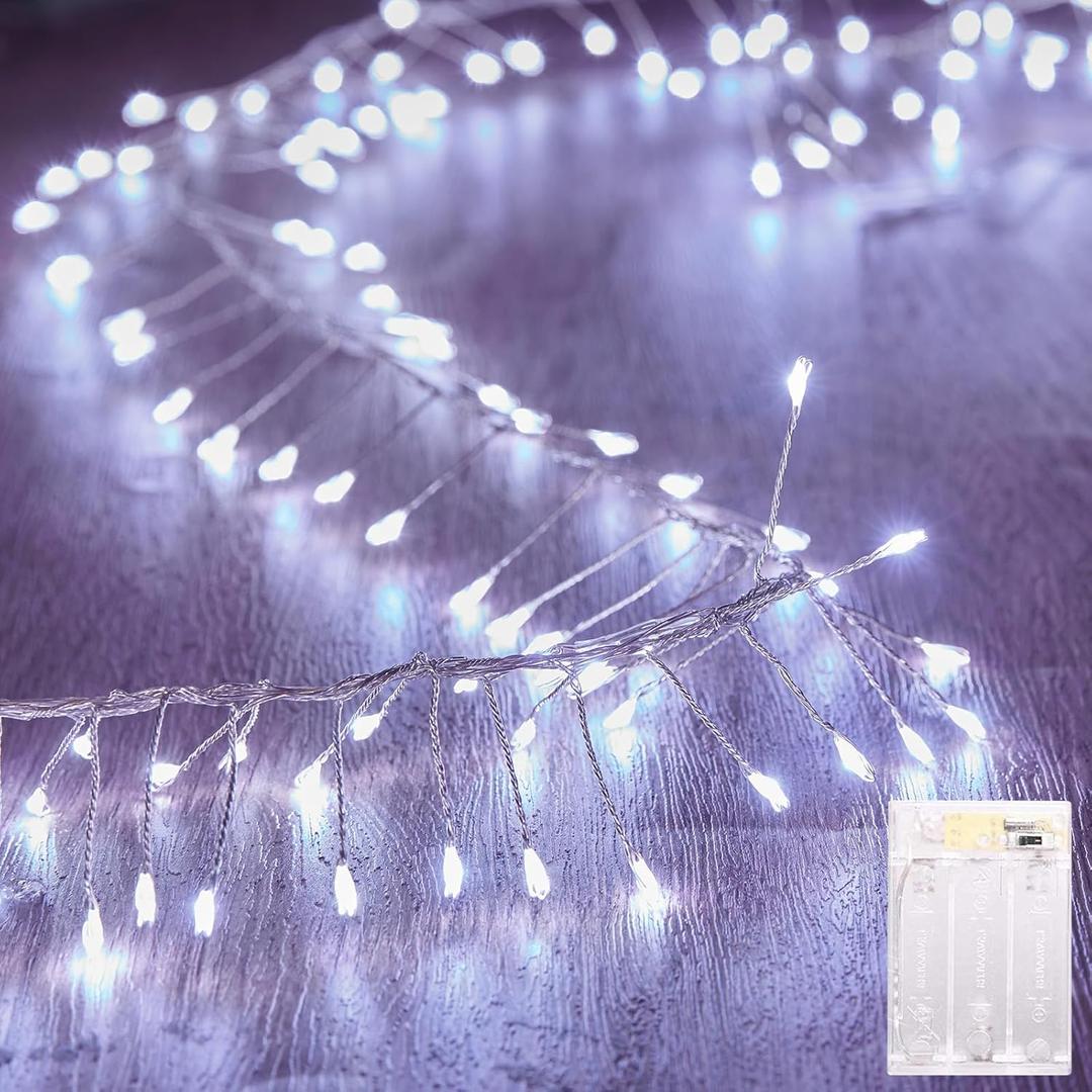 Fairy Lights Battery Operated, 10Feet 120LEDs Firecracker String Lights Waterproof Silver Wire Starry Firefly Light for DIY Wreath Home Weeding Indoor Outdoor Christmas Decorations, Pure White