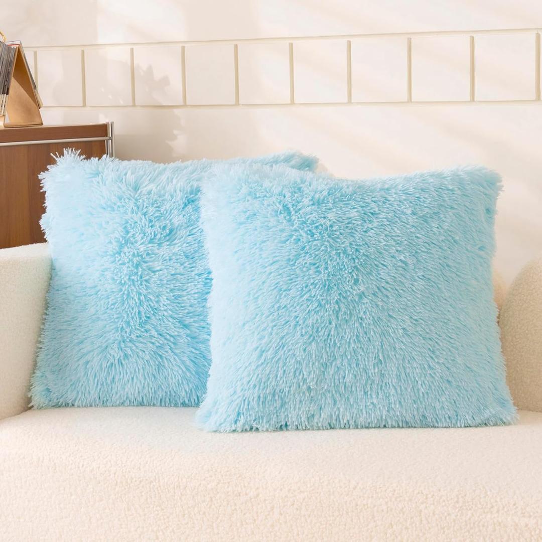 Faux Fur Blue Throw Pillow Covers, Fluffy Soft Fuzzy Decorative Pillow Cases Cute Pillowcases for Home Bedroom Living Room, Zipper Closure, Set of 2 (Blue, 18"x 18")