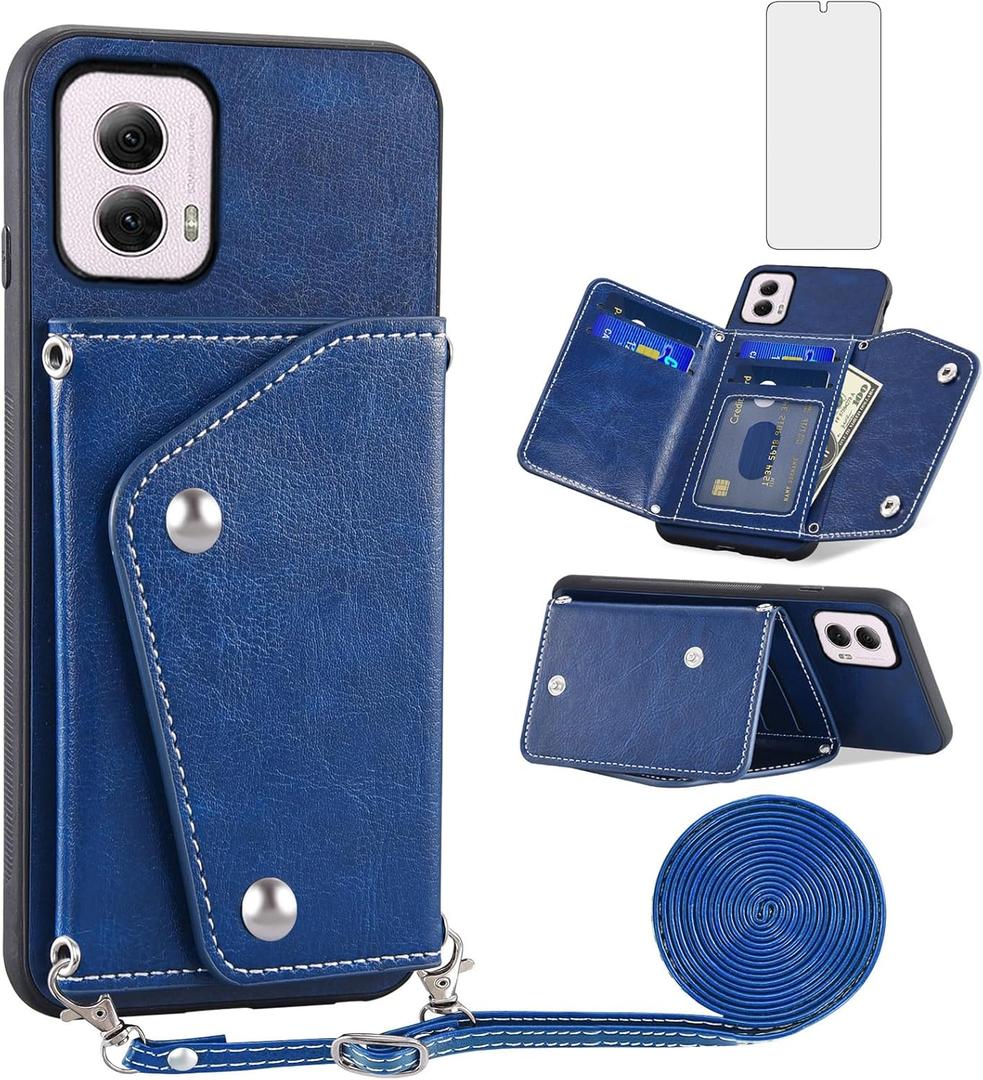 Asuwish Phone Case for Motorola Moto G Power 5G 2024 Wallet Cover with Tempered Glass Screen Protector Credit Card Holder Crossbody Strap Stand Leather Cell Accessories G5 Women Men Girls Slot Blue