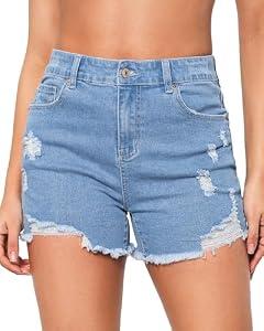 LookbookStore Women Shorts Casual Jean Shorts Cut Off Jeans Shorts for Women Stretch Denim Shorts Womens Jean Shorts Size 14 Blue Breeze, Size Large