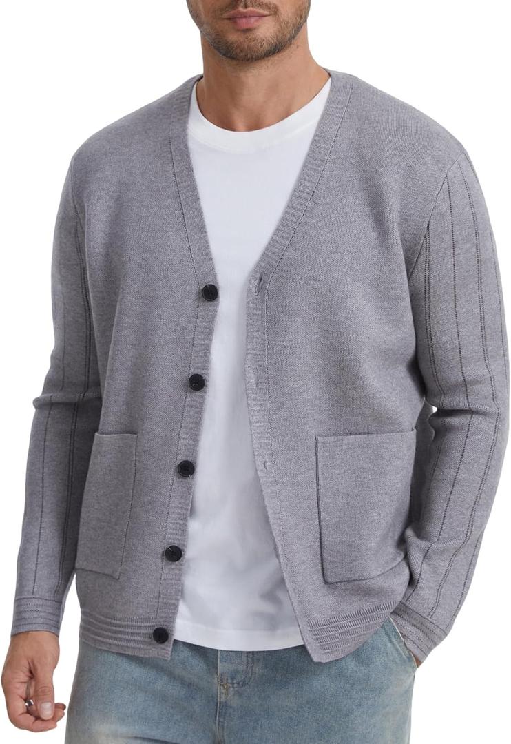 Men's Cardigan Sweater Button Front V-Neck Long Sleeve Knit Sweaters (Gray, XXL)