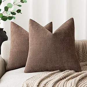 Foindtower Set of 2 Soft Textured Chenille Throw Decorative Pillow Covers Square Accent Solid Cushion Cover Cozy Neutral Farmhouse Pillow Case for Couch Sofa Bedroom Living Room 22x22 Inch, Chocolate