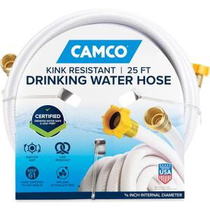 Camco TastePURE 25-Ft Water Hose - RV Drinking Water Hose Contains No Lead, No BPA & No Phthalate - Features Diamond-Hatch Reinforced PVC Design - 5/8 Inside Diameter, Made in the USA (22783) White