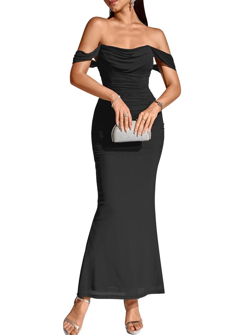KUTUMAI Off The Shoulder Maxi Long Dress Corset Ruched Bodycon Cocktail Formal Wedding Guest Dresses for Women,S