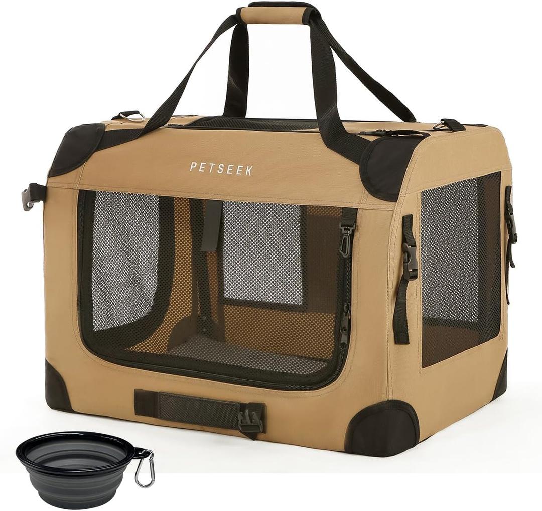 Extra Large Cat Carrier Soft Sided, Portable Small Dog Carrier for 2 Cats, 24"x16.5"x16" Car Travel Folding Comfortable Design, Khaki