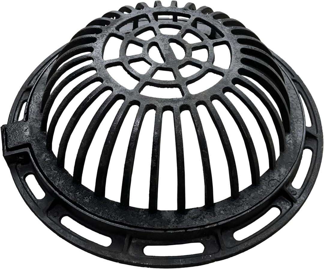20in Ductile Iron Atrium Drain Grate and Frame, Dome Durable Metal Overflow Relief Gully Dome Grate with Bolted Down Base, Cast Iron Sewage Drain Grates for Garden,Yard,Lawn(Overall Size 23") (Black)