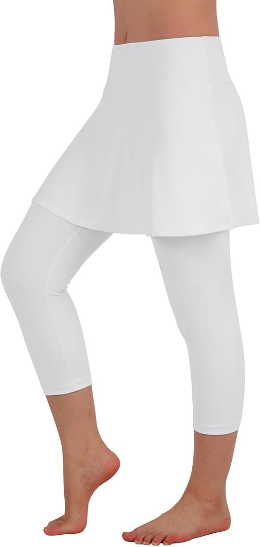 ANIVIVO Skirted Legging for Women, Yoga Legging with Skirts &Women Tennis Leggings Clothes Pockets (Medium, White Capri)