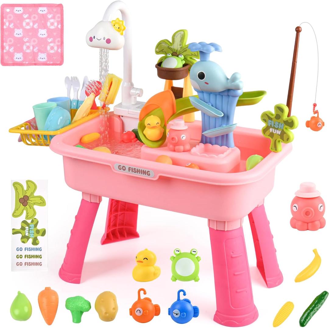 Upgraded Toddler Sand Water Table Toy with Electric Water Pump, Kids Sand Water with Faucet/Play Food Accessories/Fishing Toy, Kitchen Play Sink Toys for Girl Boy Age 3+ (Pink)