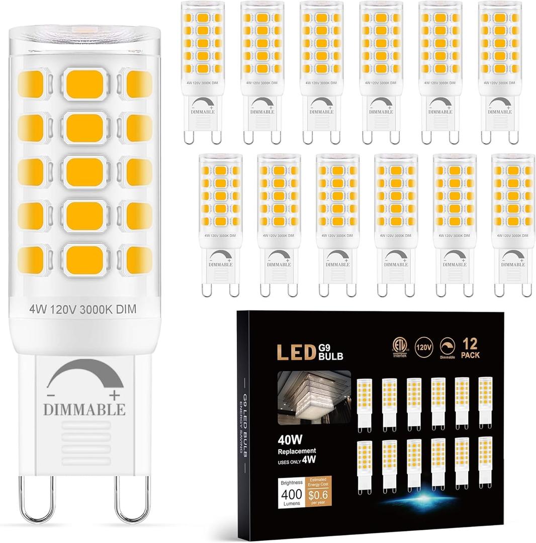 Sailstar G9 LED Bulb Dimmable 40W Equivalent, G9 Bulb 3000K Warm White, 400 Lumens, 360 Beam Angle, No Flicker, 120V, G9 Bi-pin Bulb Ceramic Base, 4W G9 Light Bulbs for Chandeliers, 12 Pack