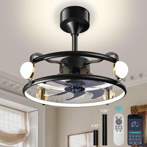 STROLITE Low Profile Ceiling Fans with Lights and Remote, 19.7'' Fandelier Ceiling Fans with Remote App, Flush Mount Ceiling Fan with 6 Speeds 3000-6000K Dimmable LED Light for Bedroom (Black&Gold)