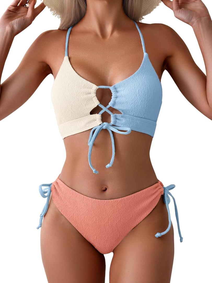 B2prity Women's Sexy Bikini Set Color Block Lace Up 2 Piece Bathing Suit Tie Side Swimsuit, XXL