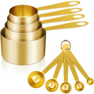 GuDoQi Measuring Cups and Spoons Set of 9, Stainless Steel Handle with Metric and US Measurements, Golden Polished Finish, Dry & Liquid Ingredient Measuring Cup for Cooking and Baking