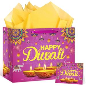 Happy Diwali Gift Bags Diwali Party Supplies Festival of Lights Favors Gift Bags with Wrapping Paper and Card Large Indian Diwali Wrapping Paper Bag Pink Candlelight Goodie Bags Deepavali Decoration