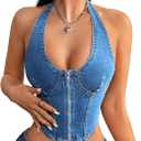 MakeMeChic Women's Denim Vest Top Halter Sleeveless Open Back Jean Crop Corset Tops (Blue, L)