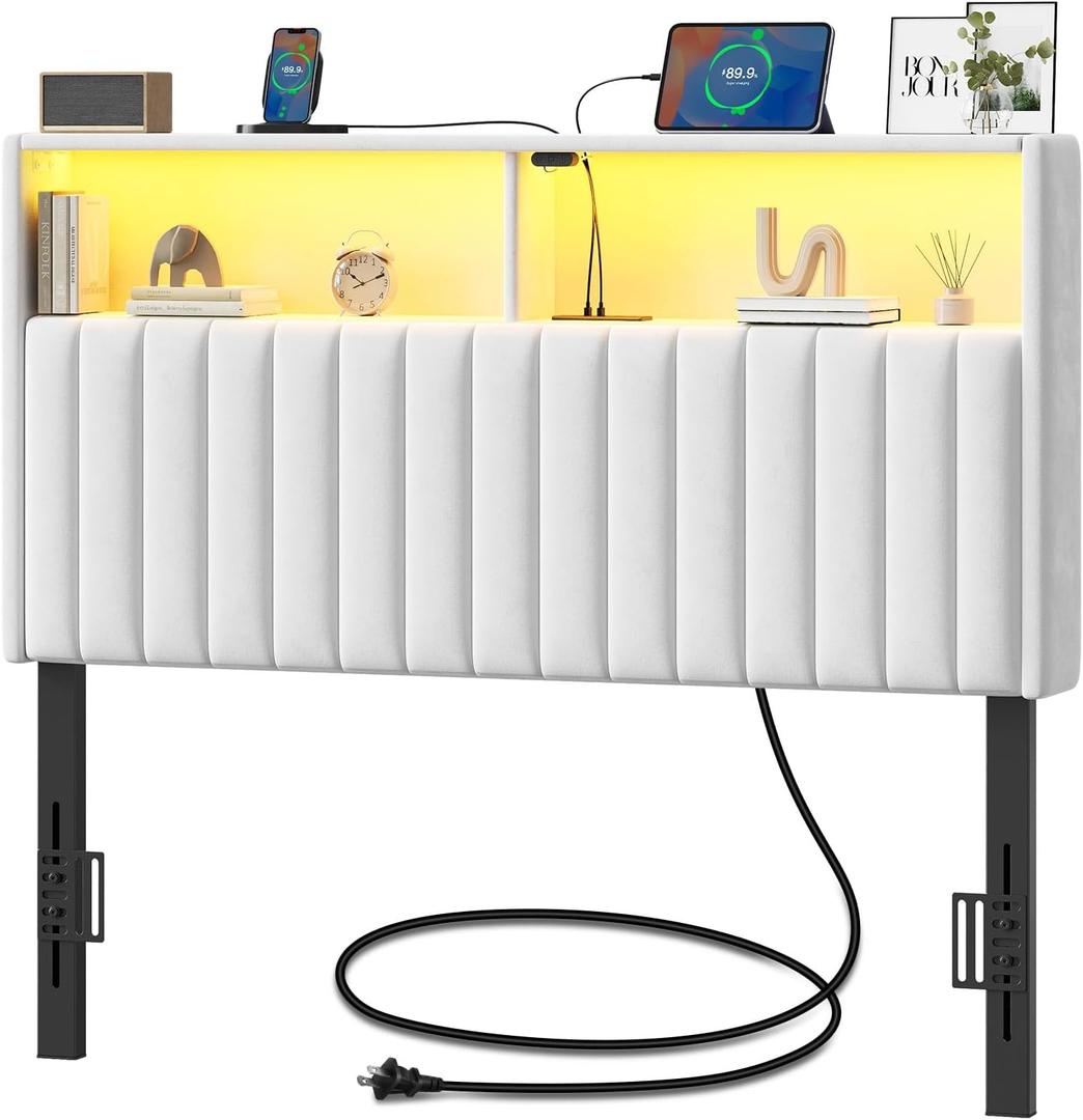 Rolanstar Headboard for Twin Size Bed with Storage, Velvet Upholstered Head Board with USB & Type C Port, 60,000 DIY Color of LED Light Height Adjustable, Sturdy, Easy Assembly, White Rolanstar Headboard for Twin Size Bed with Storage, Velvet Upholstered Head Board with USB & Type C Port, 60,000 DIY Color of LED Light Height Adjustable, Sturdy, Easy Assembly, White