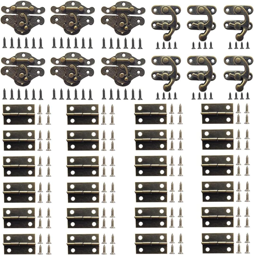 36 Sets Retro Jewelry Box Hinges and Latches Hooks, Small Latches Hinges for Wooden Boxes Hardware, Antique Cabinet Furniture Hinges Hasp Clasp - Bronze Tone (36pcs)
