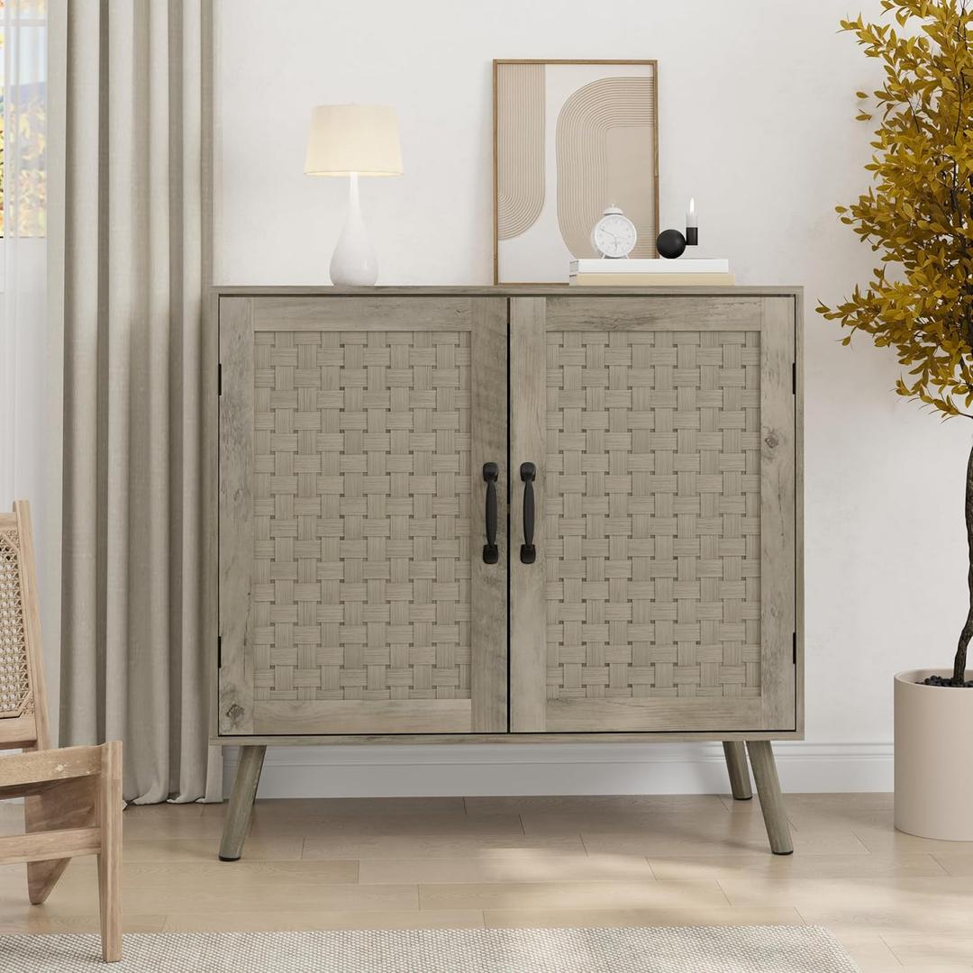 Smuxee Wood Sideboard, Freestanding Buffet Cabinet with 2 PVC Rattan Doors, Storage Cabinet with Adjustable Shelf for Living Room, Entryway, Hallway (Wash Grey)