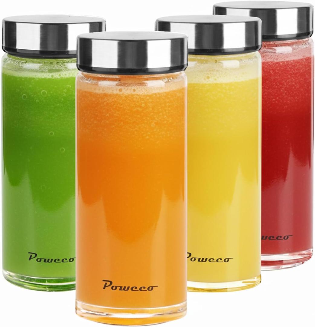 Glass Juice Bottles 4 Pack 16 oz - Wide Mouth Glass Water Bottles with Lids - for Juicing, Protein, Smoothie, Milk, Reusable, BPA Free, Stainless Steel Lids, Blender, Shaker Bottle (500ml)
