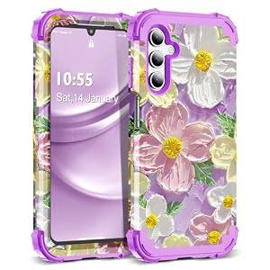 SleekCover for Galaxy A15 5G Case, 3 in 1 Oil Painting Flower Pattern Heavy Duty Shockproof Protection Silicone Rubber Bumper+Hard Plastic Hybrid Protective Cover for Samsung A15 6.5", Purple/ Pink