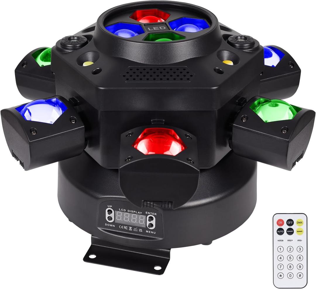 Moving Head DJ Lights, 150W RGBW LED Moving Head Lights, 6 Arms Party Light, 4 in 1 Bee-Eyes Effect Light, Red Green Starry, White & Amber Strobe, Support DMX-512 & Remote for Party Bar Disco Club DJ