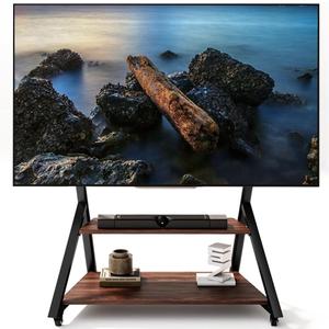 Rolling TV Stand on Wheels with Wood Shelf for 50-100 Inch LCD LED Flat Curved Screens, Heavy Duty Outdoor TV Cart on Wheels, Height Adjustable, Holds up to 220 LBS, Vesa 800600mm.