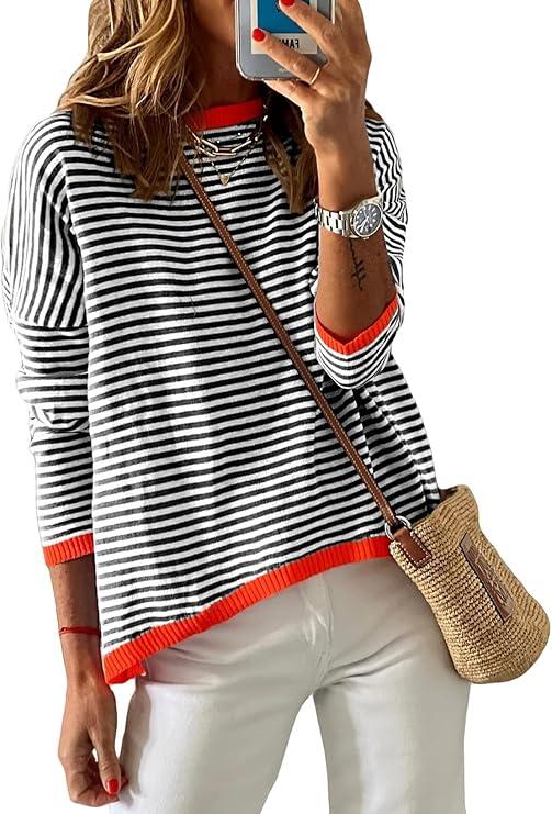 Womens Lightweight Cotton Sweaters Long Sleeve Crew Neck Color Block Striped Casual Knitted Pullover Tops  (Medium, Black White Placed Stripe)