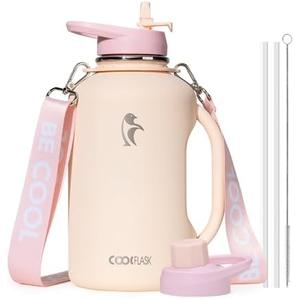 64oz Insulated Water Bottle, Coolflask Half Gallon Water Jug With Handle Straw Stainless Steel Double-Walled Vacuum Metal Large Flask Without Strap Non-BPA Leakproof, Keep Cold 48 Hrs, Apricot Pink