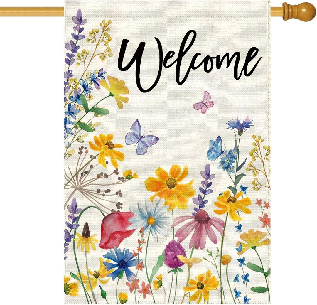 Baccessor Spring Welcome Floral House Flag Flower Leaves Double Sided Large Yard Flag Heavy Duty Seasonal Butterfly Outdoor Outside Patio Decoration 28x40 Inch