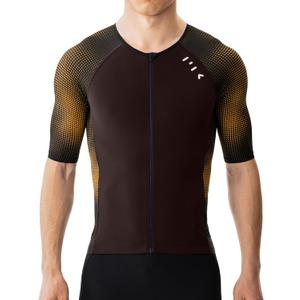MY KILOMETRE Men's Triathlon Top Full Zip Short Sleeve Tri Shirt, Quick-Dry, UPF 50+ Protection with Reflective Back Pockets (Medium, Brown)