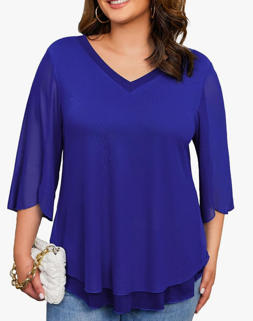 Plus Size Blouses for Women Ruffle 3/4 Sleeve Tops V Neck Casual Elegant Womens Tunic Top Mesh Loose Shirts L-4XL, 3XL, Blue