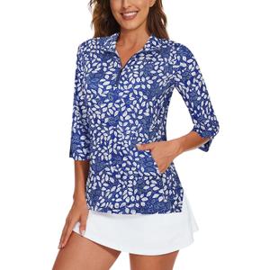 Viracy Women's Golf Shirts 3/4 Sleeve Sun Protection Quarter Zip with Zipper Pockets Athletic Polo Workout Tops XL