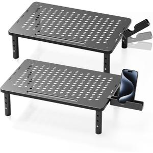 Computer Monitor Stand Riser for Desk, 3 Height Adjustable PC Laptop TV Desktop Monitor Stand Shelf, Metal Printer Table with Phone Holder, Stand Riser for Desk, Office Desk Organizers and Accessories, 2 Pack (Basic)