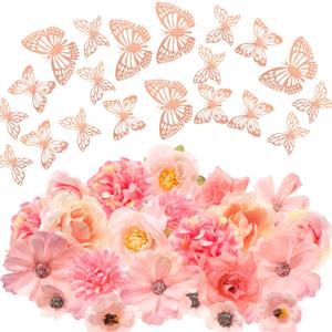 Canlierr 32 Pcs DIY Graduation Cap Decorations Accessory Kit Include Faux Flower Heads 3D Butterfly Grad Cap Decorations(Pink Tone)