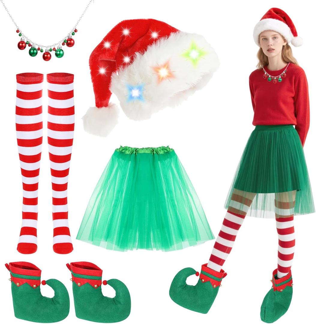 YEXEXINM 5 Pcs Women Christmas Elf Costume Set Christmas Tutu Skirt Santa Hat Long Striped Thigh High Socks Elf Shoes Covers and Jingle Bell Necklace Costumes Set for Women Xmas Party Cosplay