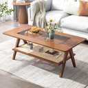 Mid Century Modern Coffee Table with Glass Top and Rattan Storage Shelf, Rectangular Walnut Wooden Coffee Table, Unique Center Tables for Living Room Apartment Home, 47.2 Inch, 42.7 x 23.6 x 17.5 inches