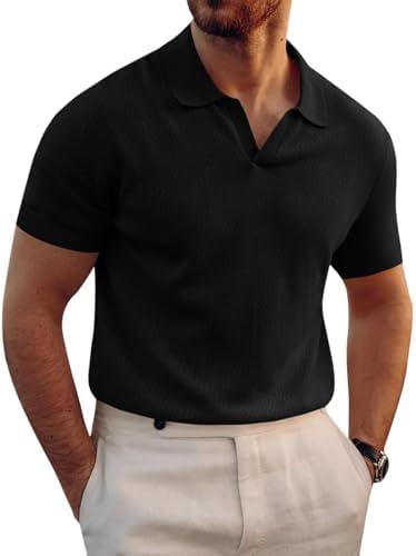 Runcati Mens Knitted Polo Shirt Muscle Short Sleeve V Neck Stretch Casual Slim Fit Vintage Ribbed Golf T-Shirt L