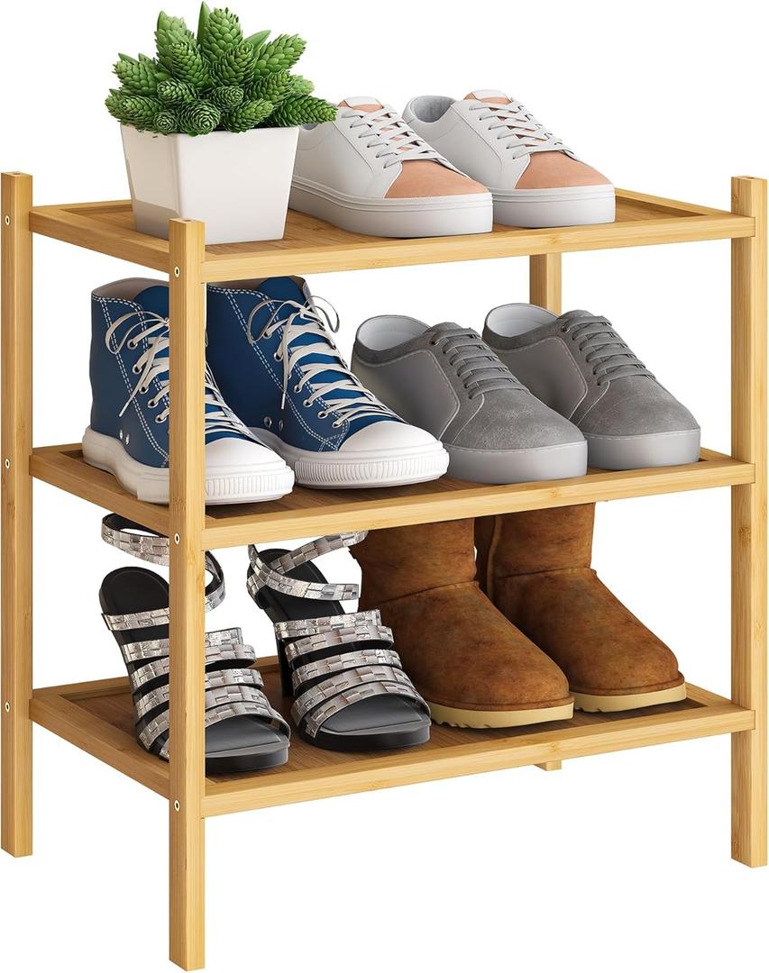 BMOSU 3-Tier Bamboo Small Shoe Rack Premium Stackable Shoe Shelf Storage Organizer for Hallway Closet Living Room Entryway Organizer(Natural)