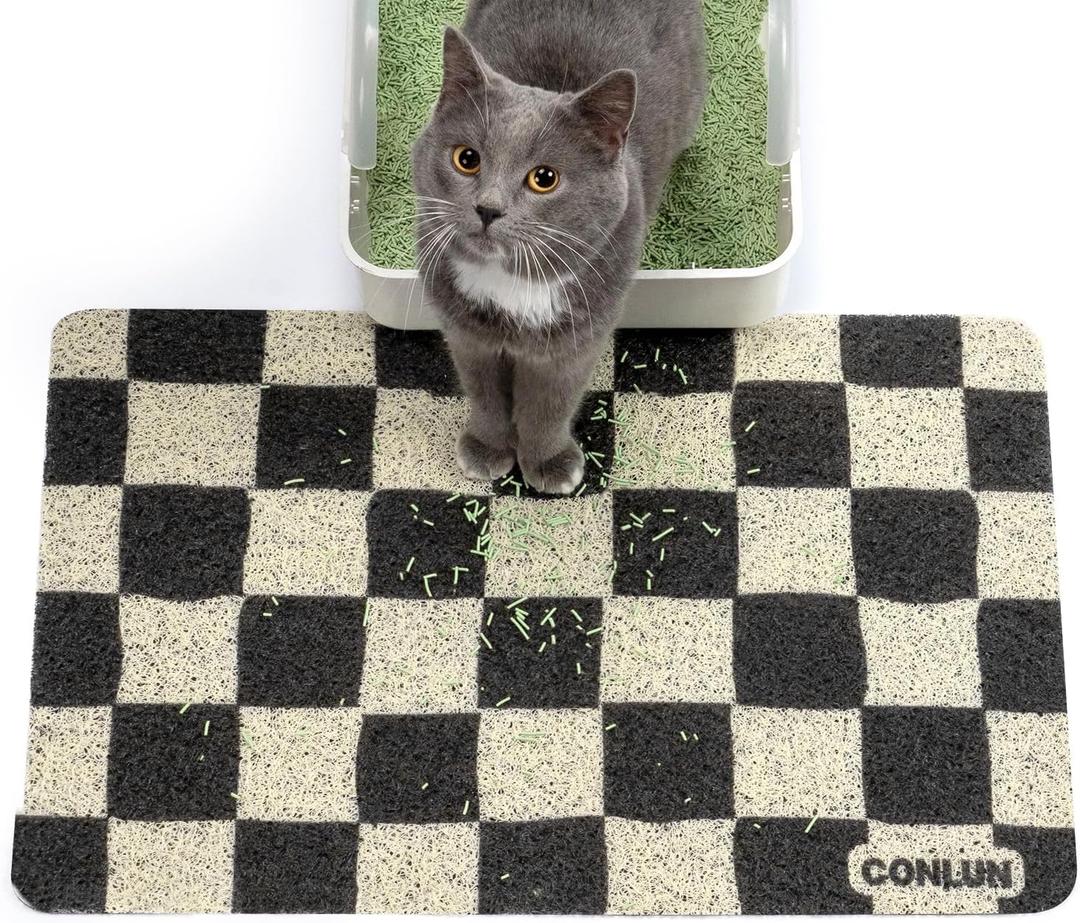 Conlun Cat Litter Mat Litter Trapping Mat, Premium Durable PVC Cute Cat Litter Box Mat, Non-Slip, Less Waste Kitty Litter Mat, Soft on Kittys Paws, 24x 17 cat matts for litter, Chessboard