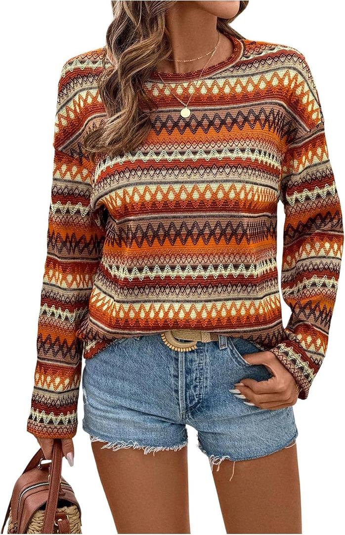 SOLY HUX Women's Long Sleeve T Shirt Boho Chevron Print Crew Neck Drop Shoulder Casual Fall Tops (XL)