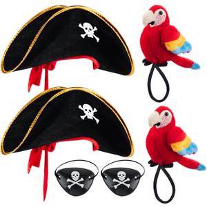 HyDren 6 Pcs Pirate Costume Accessory Sets Skull Print Captain Hat and Stuffed Parrot on Shoulder for Woman Men Kids Adults Halloween School Shows and Theater Performance Cosplay Dress up Props