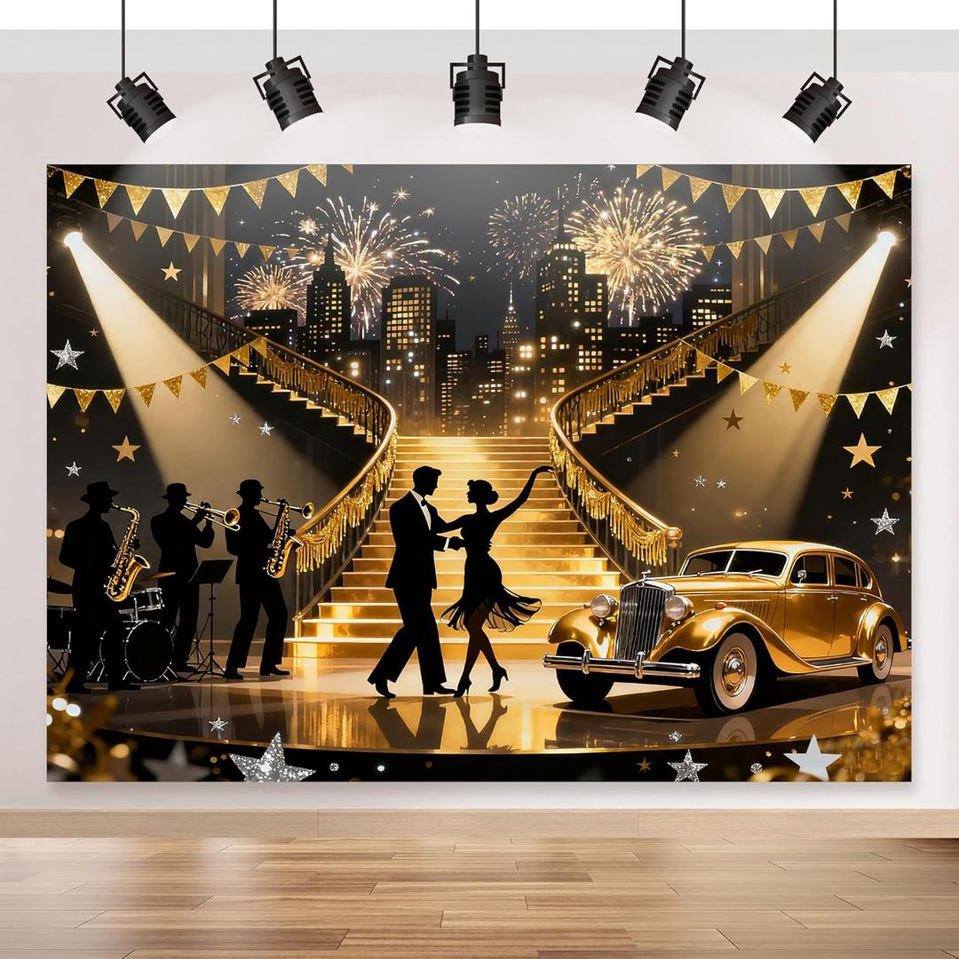 The Great Gatsby Backdrop 7x5FT, Roaring 20s Party Decorations, 1920s Speakeasy Party Backdrops, Black Gold Vintage Dance Photography Background for Birthday Wedding Photo Booth Props (Gold)