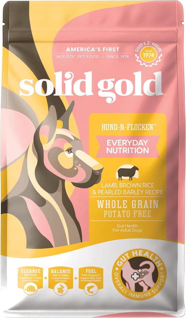 Solid Gold, Hund-N-Flocken, Dog Food Dry with Lamb, Rice and Omega 3 Fish Oil for Dogs, Probiotics, 24 LB
