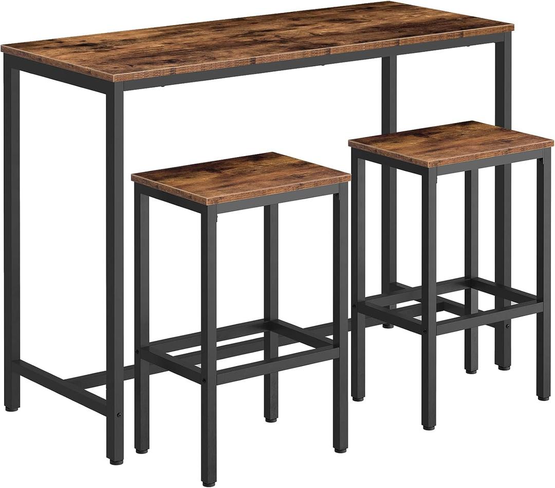 HOOBRO Bar Table and Chairs Set, 47.2 Rectangular Pub Table with 2 Stools for Small Space, High Top Table, 3-Piece Breakfast stools Set, Sturdy Metal Frame, Easy to Assemble, Rustic Brown BF52BT01