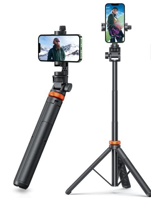 EUCOS 62" Phone Tripod, Tripod for iPhone & Selfie Stick Tripod, Extendable Phone Tripod Stand & Travel Tripod, Solidest Cell Phone Tripod Compatible with iPhone/Android (Inferno Mix Carbon Black)