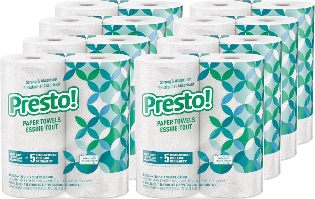 Amazon Brand - Presto! Kitchen Paper Towels - Flex-a-Size, 128 Sheet Family Roll, 16 Rolls (8 Packs of 2)