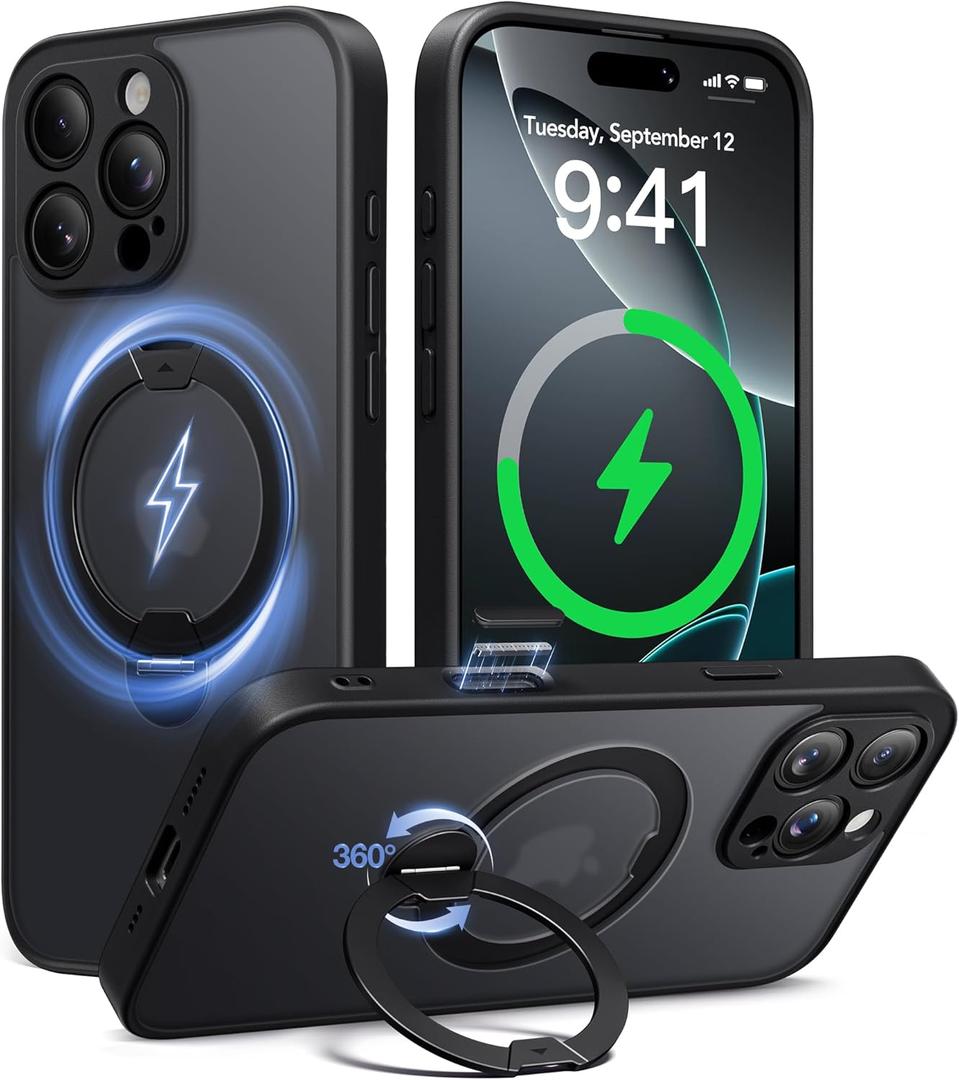 Magnetic for iPhone 16 Pro Case,[Unbreakable & Magnetic Stand][Military-Grade Protection] [Phone Case Compatible with MagSafe] Slim Translucent Matte Shockproof Phone Cover,Black