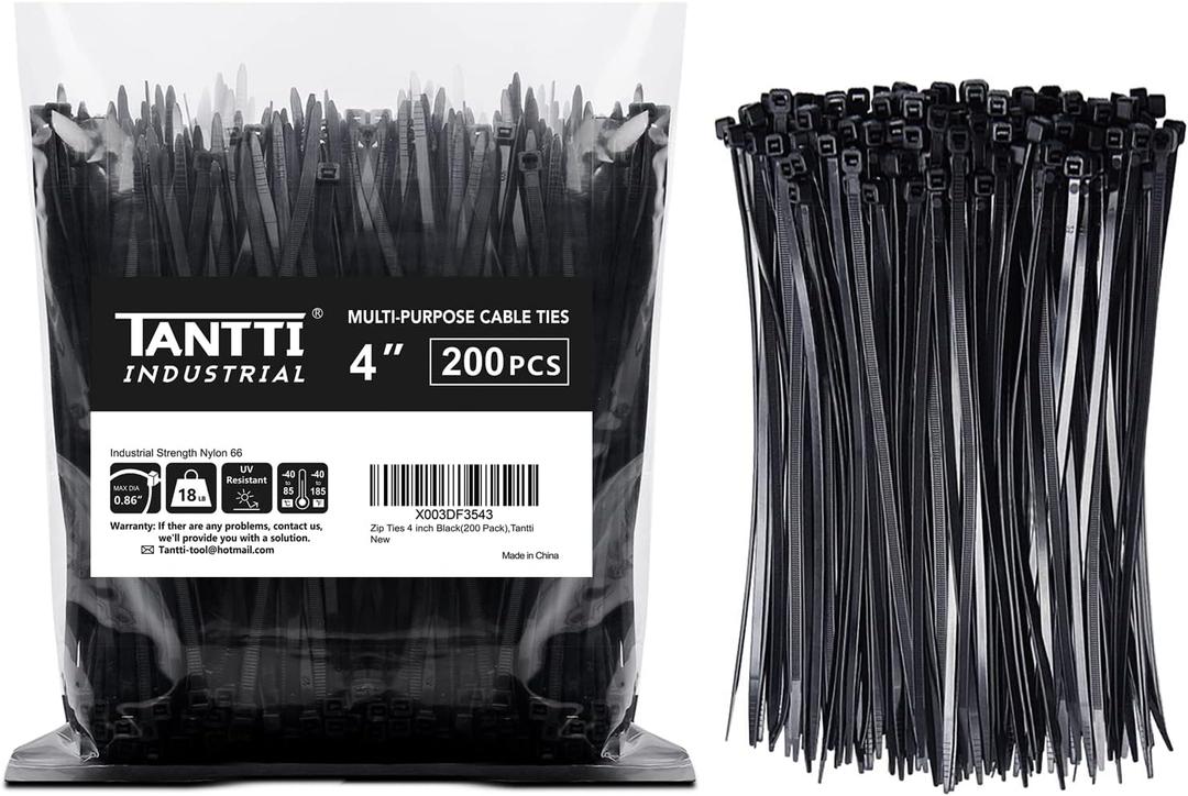Zip Ties 4 inch (200 Pack), Small Zip Ties with 18 lb Tensile Strength, Black, by Tantti Supply