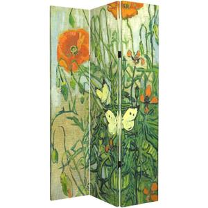 Room Divider Wood Privacy Screens Van Gogh's Butterflies and Poppies Painting Canvas 3-Panel Foldable Portable Separating Divider Room Partitions Freestanding Home Decor 71'' High