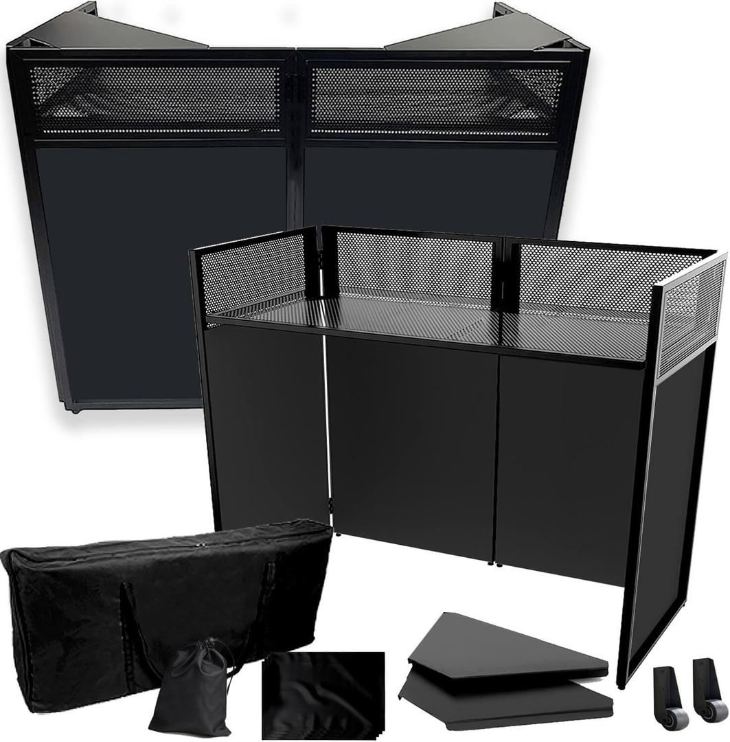 2026 Upgraded DJ Booth Stand Portable 45"L x 25"W Foldable DJ Facade Booth with Dual Corner Panels, Wheels, Mobile DJ Controller Stand with Scrim & Carry Bag for Weddings, Parties & Events