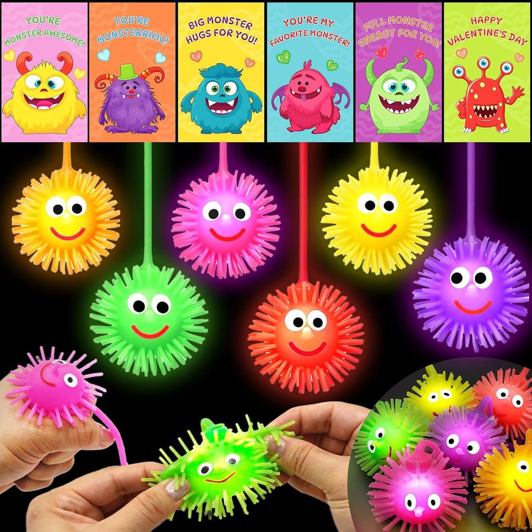 24 Pack Valentines Day Gifts for Kids, LED Light up Balls with Valentines Cards Flashing Spiky Ball Toys Bulk Glow in The Dark for Kids Boys Girls Classroom Exchange Prizes Party Favors Toys